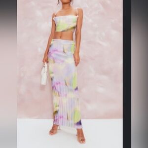 Two piece Watercolor maxi skirt and cowl neck top